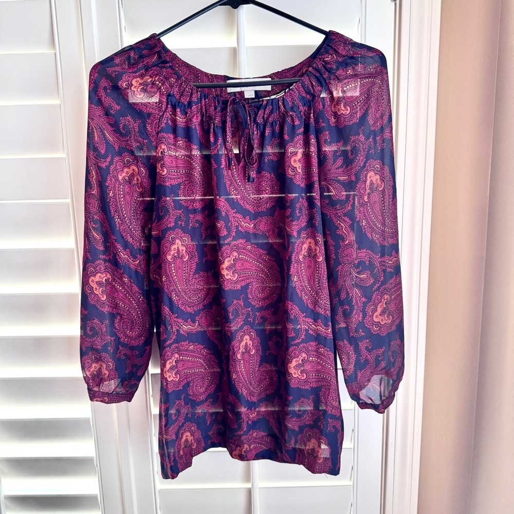 LOFT Purple Paisley Sheer Peasant Top Tie Neck Blouse Small 316700